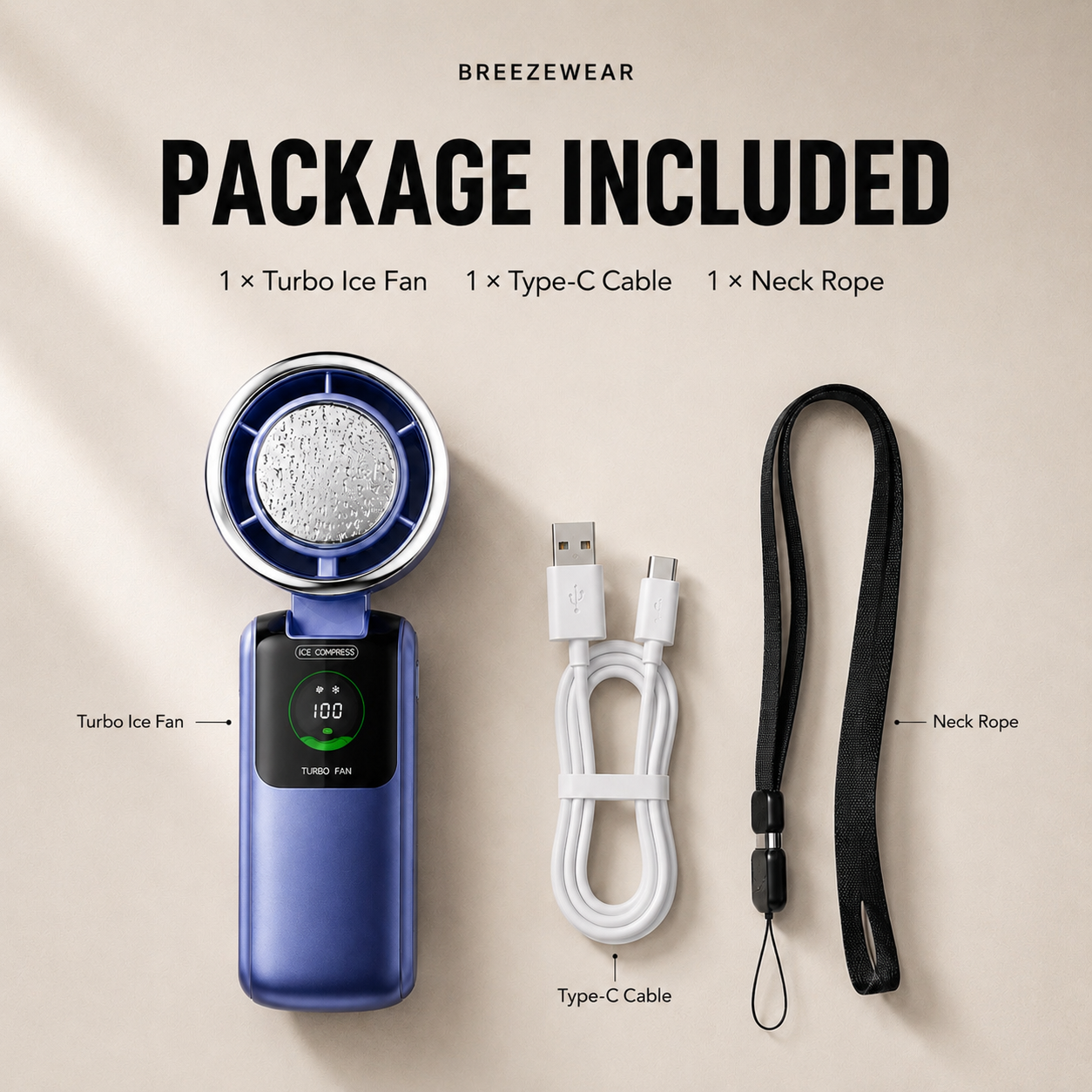 BreezeWear Turbo Ice Fan – Portable Rechargeable Cooling Fan