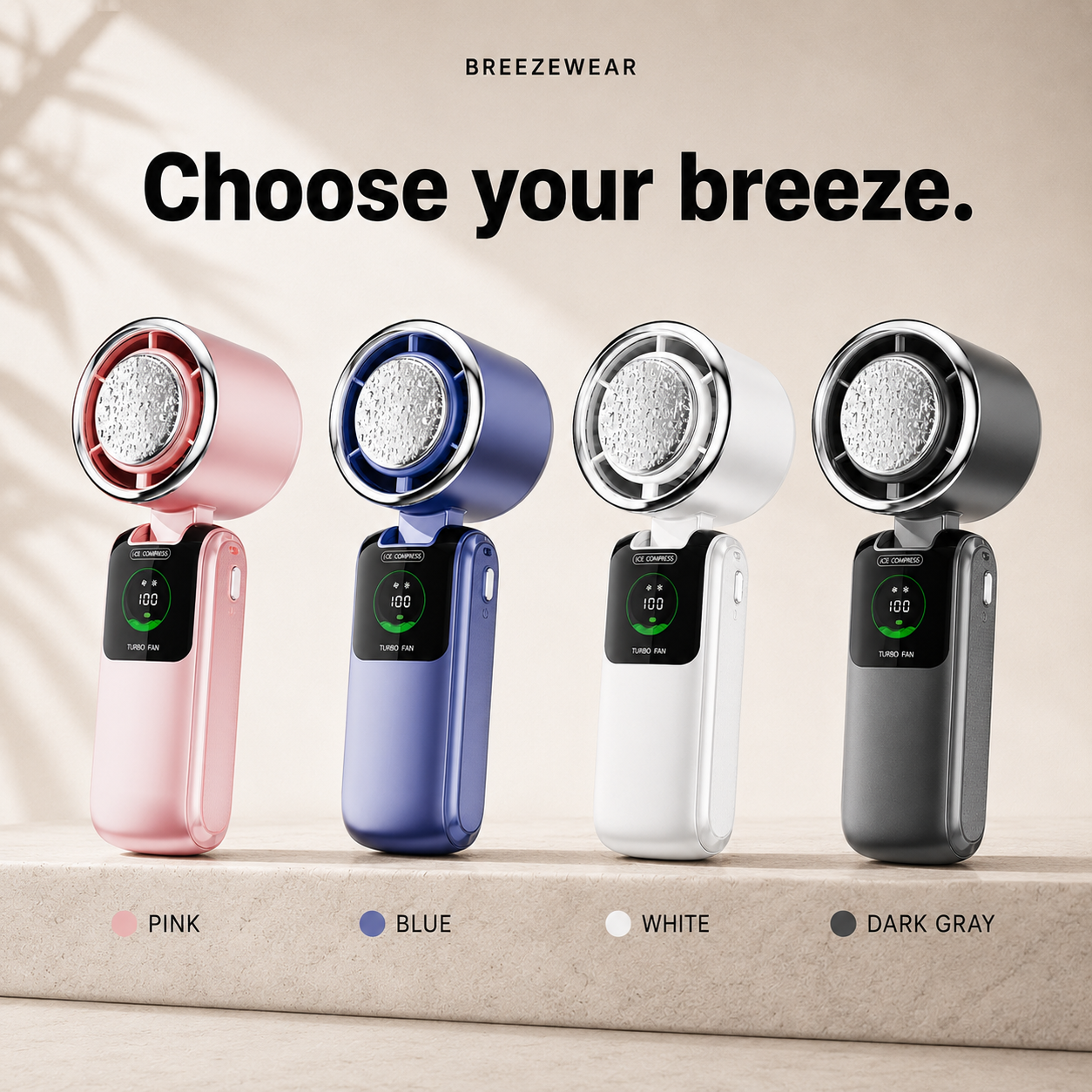 BreezeWear Turbo Ice Fan color options pink blue white dark gray