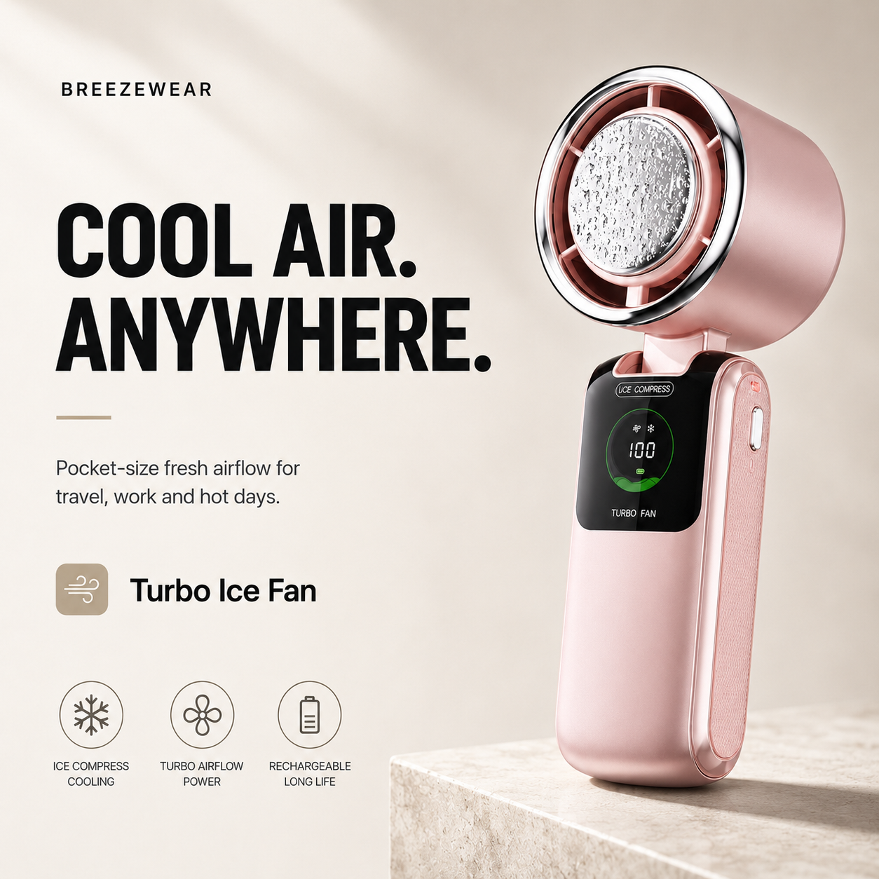 BreezeWear Turbo Ice Fan – Portable Rechargeable Cooling Fan