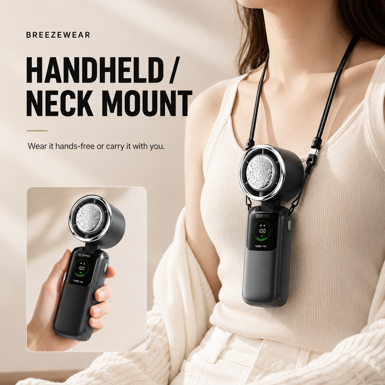 BreezeWear Turbo Ice Fan handheld and neck mount use