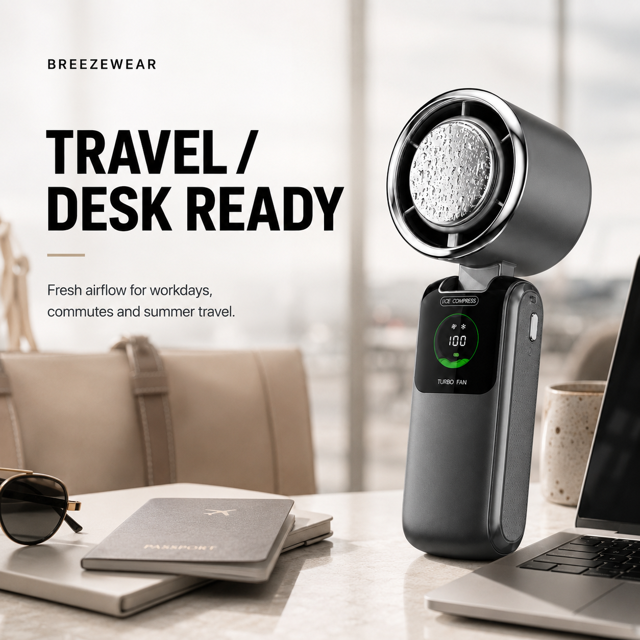BreezeWear Turbo Ice Fan travel and desk ready